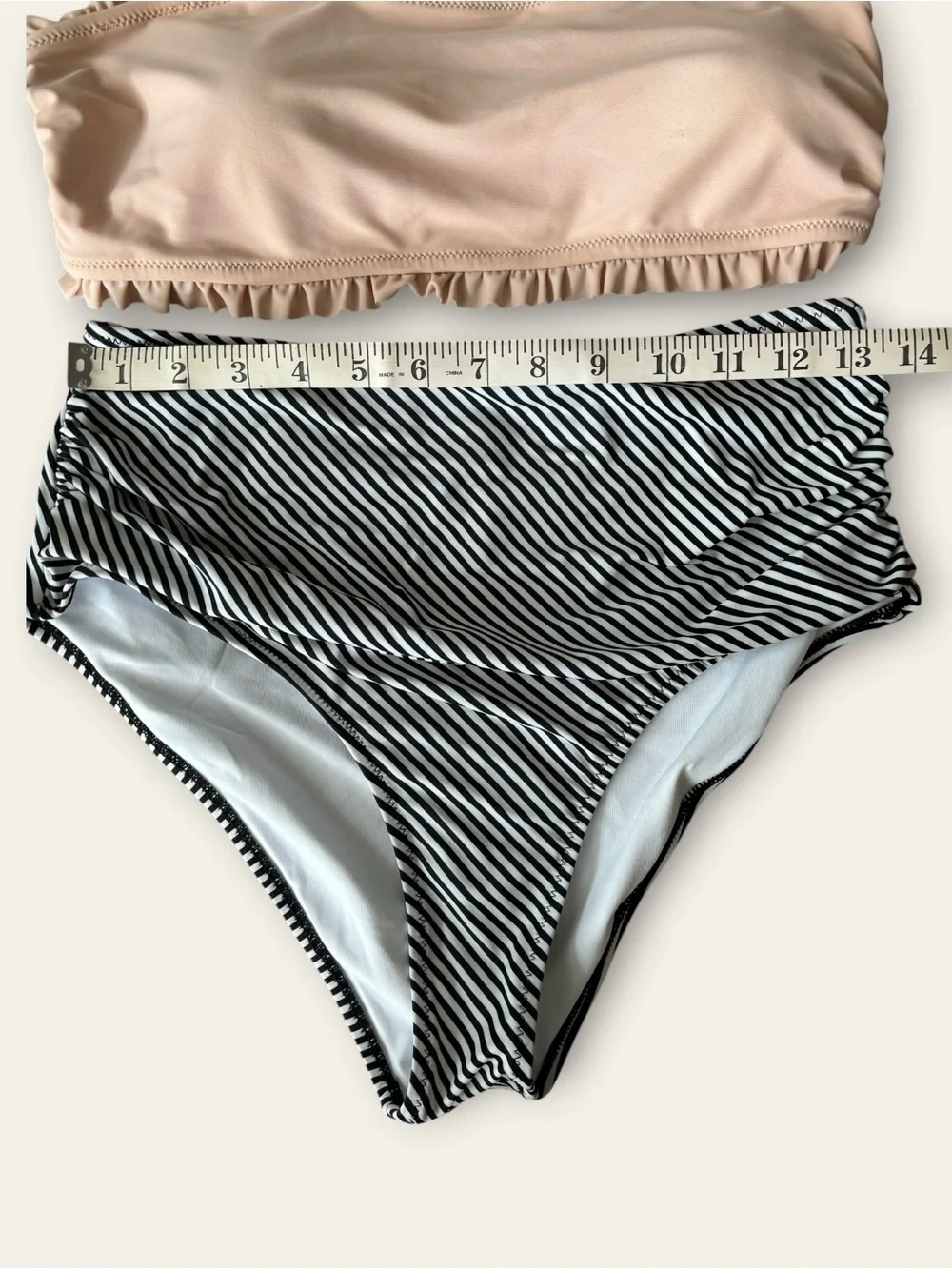 Ruffled Pale Pink Bikini Top with Black & White Striped High-Waist Bottoms